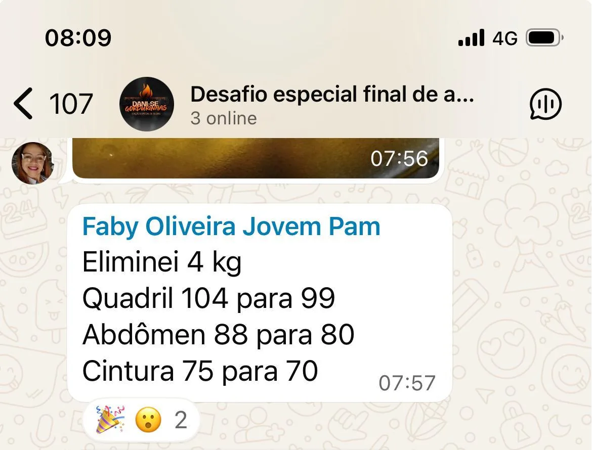 Print do WhatsApp: Faby Oliveira eliminou 4 kg e reduziu quadril, abdômen e cintura