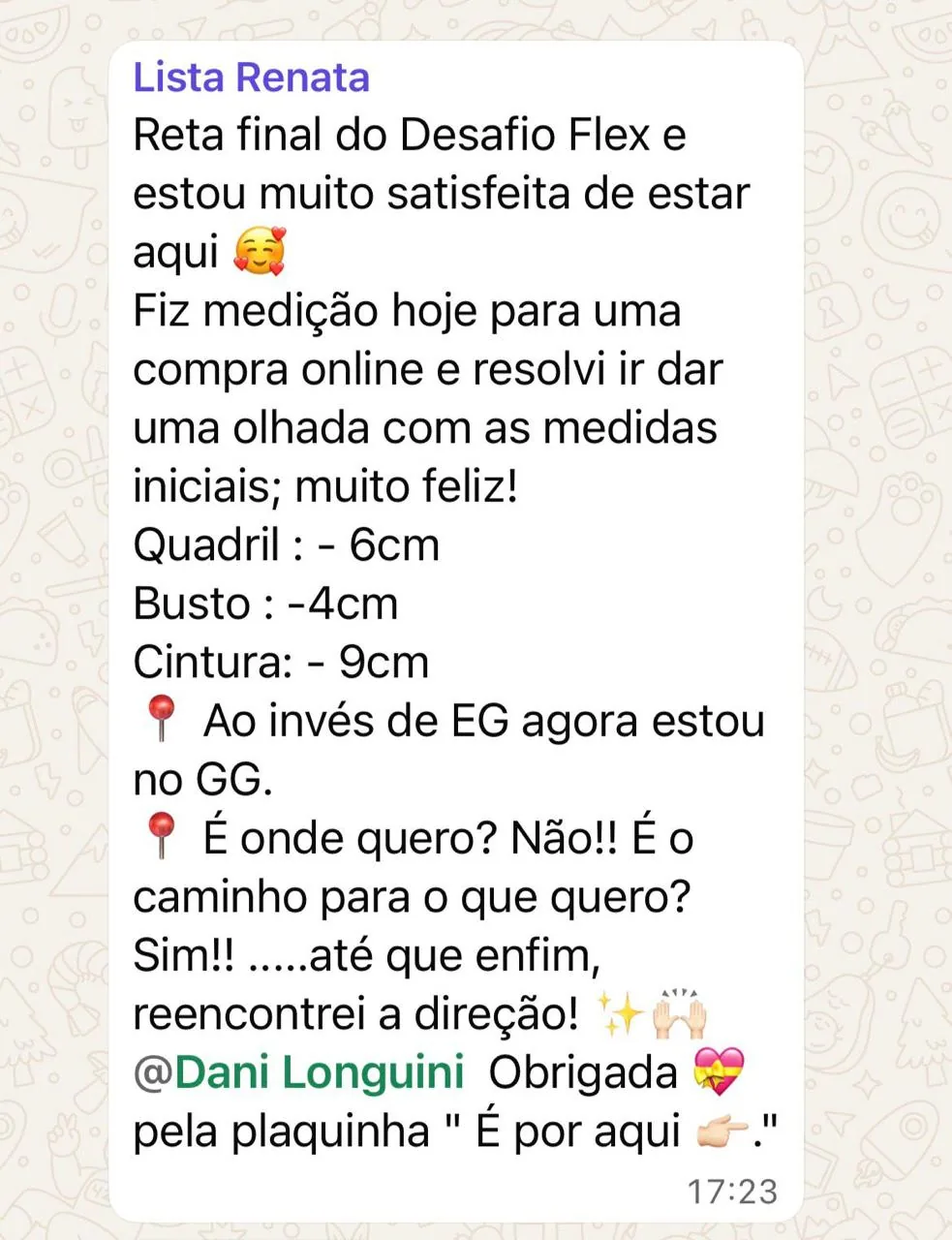 Print do WhatsApp: Renata reduziu 9 cm de cintura, 6 cm de quadril e 4 cm de busto