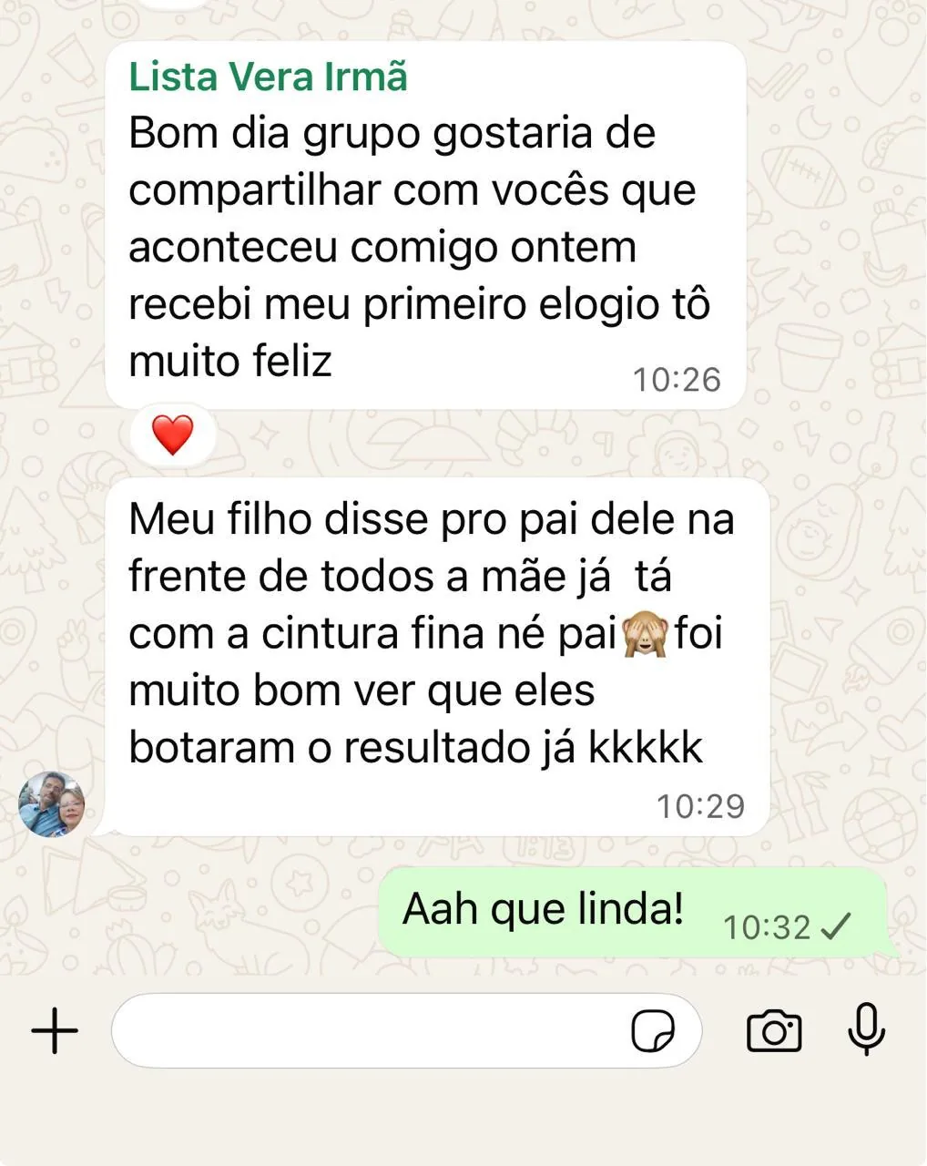 Print do WhatsApp: Vera recebeu o primeiro elogio e o filho notou a cintura mais fina